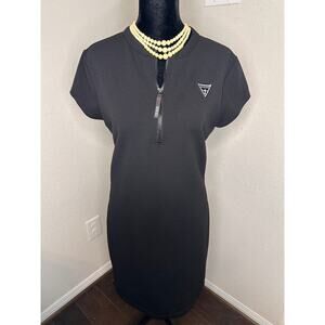 Guess Women’s Black Quarter-Zip Bodycon Dress - Logo Tape Sides - Size Large